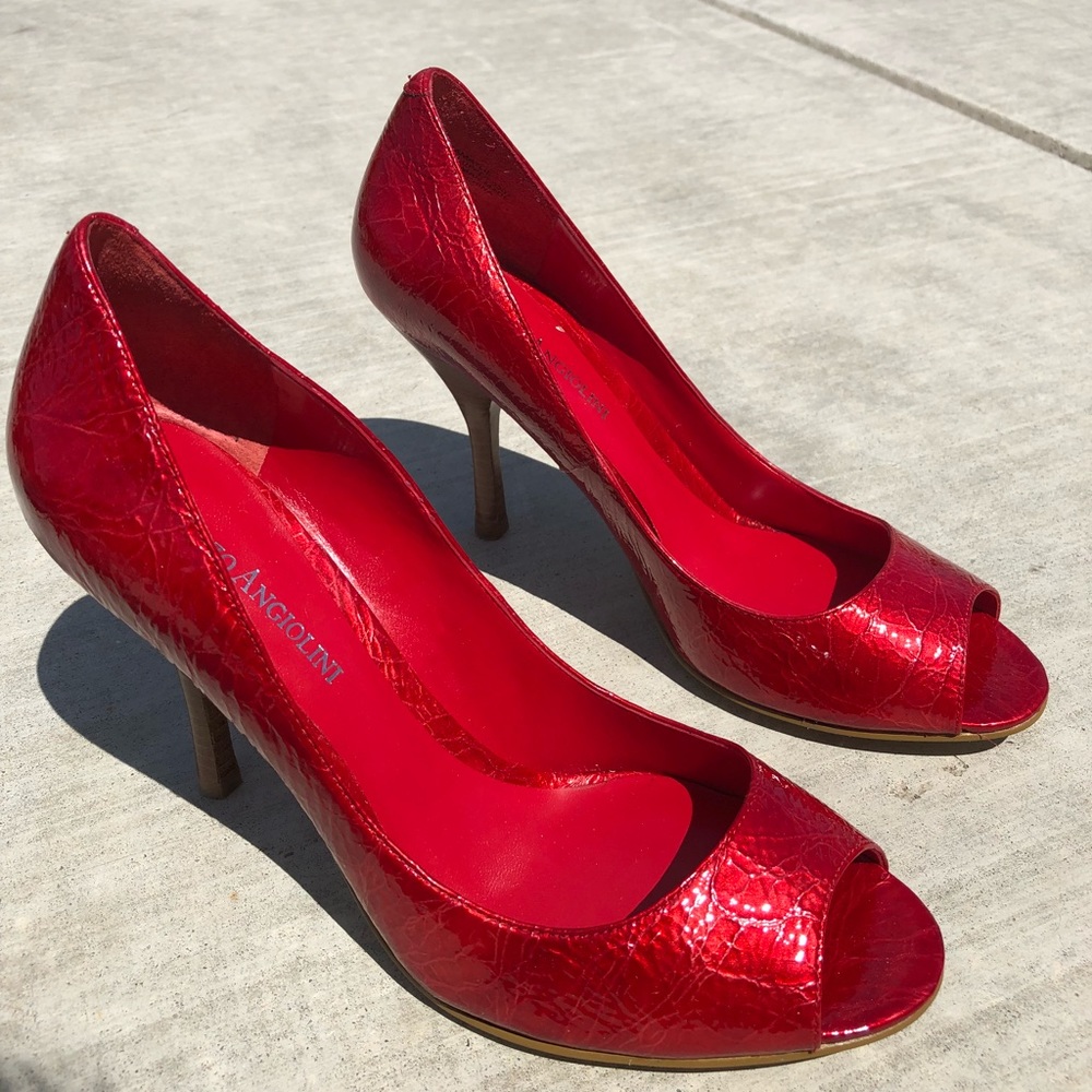 Red peep toe heels